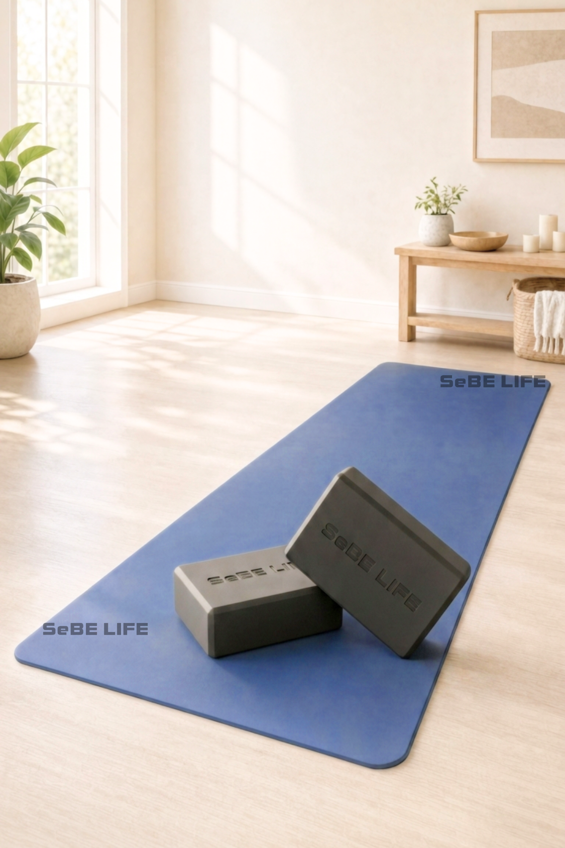 SeBE LIFE TPE Dark Blue Yoga Mat with one EVA Yoga Block