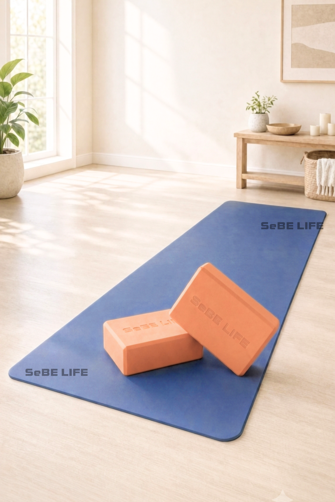 SeBE LIFE TPE Dark Blue Yoga Mat with one EVA Yoga Block