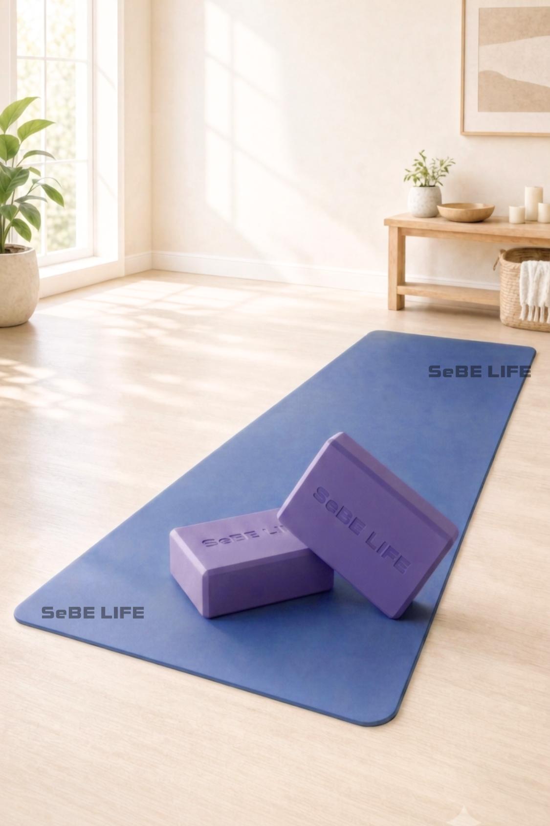 SeBE LIFE TPE Dark Blue Yoga Mat with one EVA Yoga Block