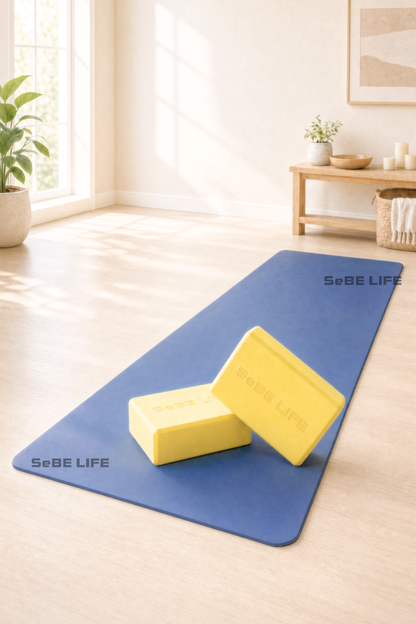 SeBE LIFE TPE Dark Blue Yoga Mat with one EVA Yoga Block
