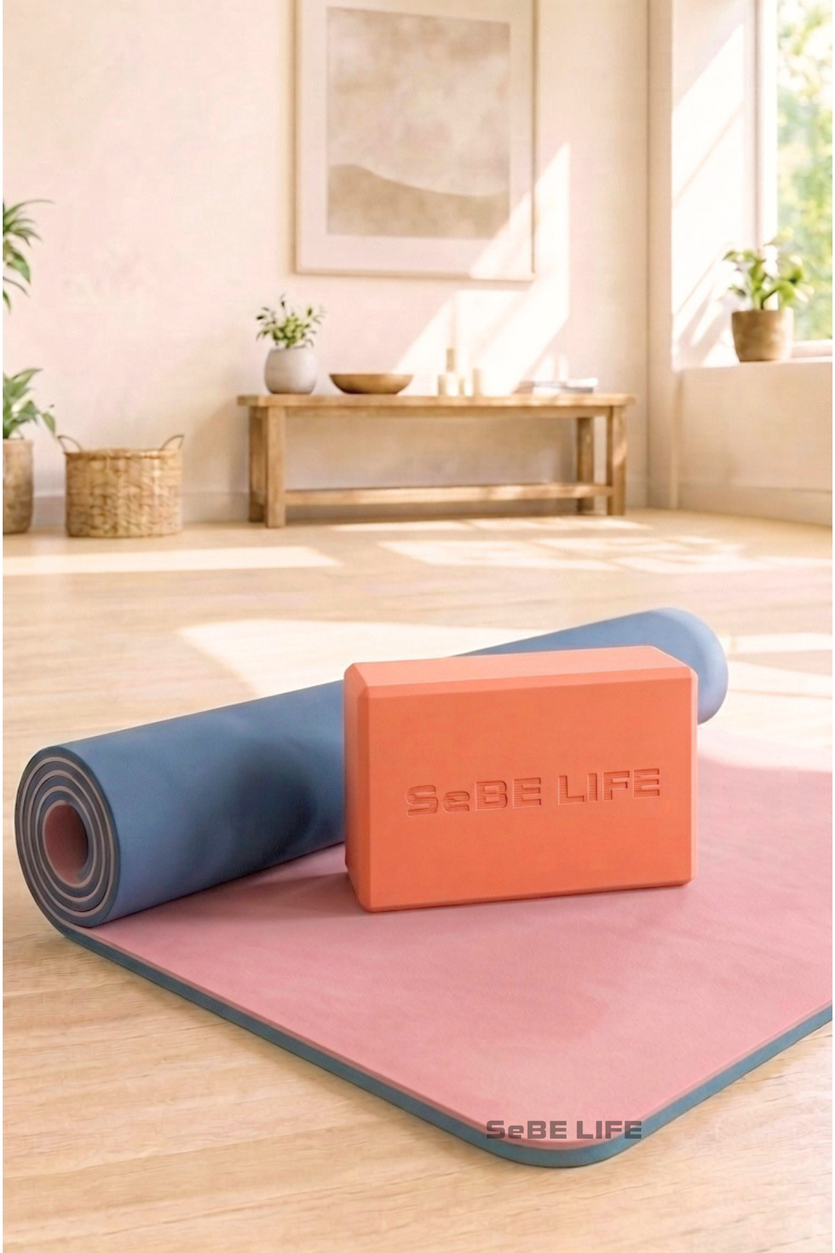 SeBE LIFE  TPE Pink&Blue Yoga Mat with one EVA Yoga Block
