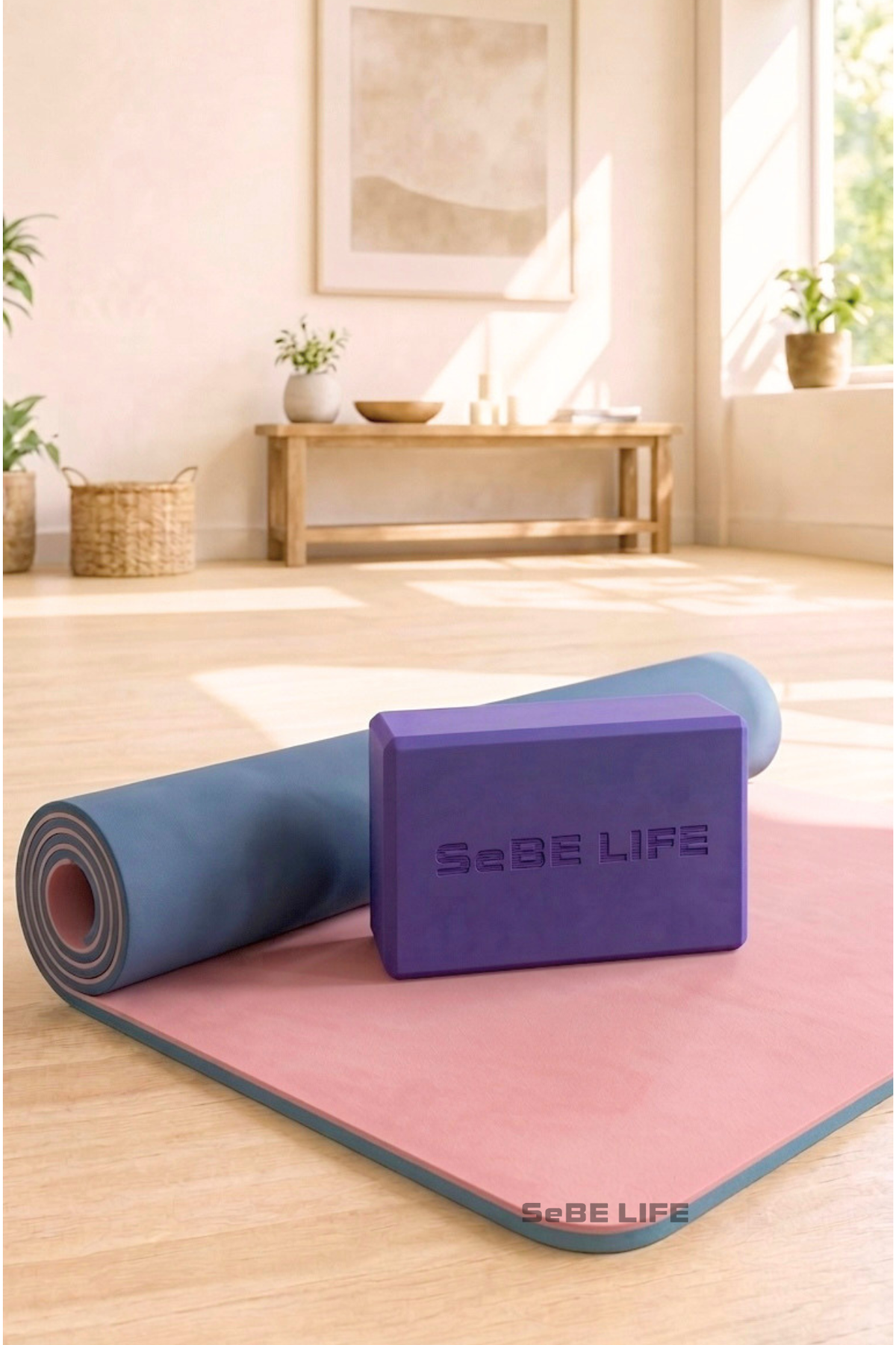 SeBE LIFE  TPE Pink&Blue Yoga Mat with one EVA Yoga Block