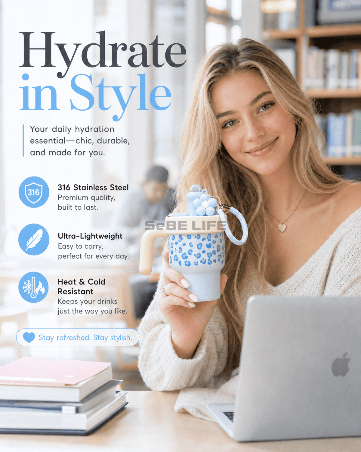 SeBE LIFE 600 mL Leopard-Print Water Bottle – Sky Blue