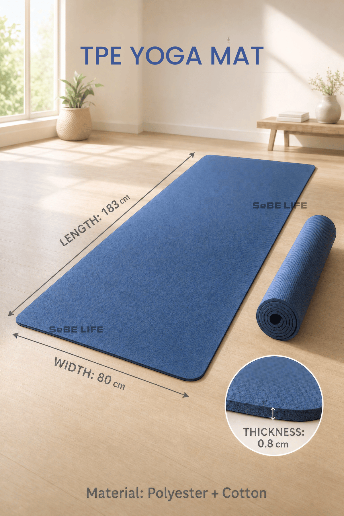 SeBE LIFE TPE Dark Blue Yoga Mat with one EVA Yoga Block